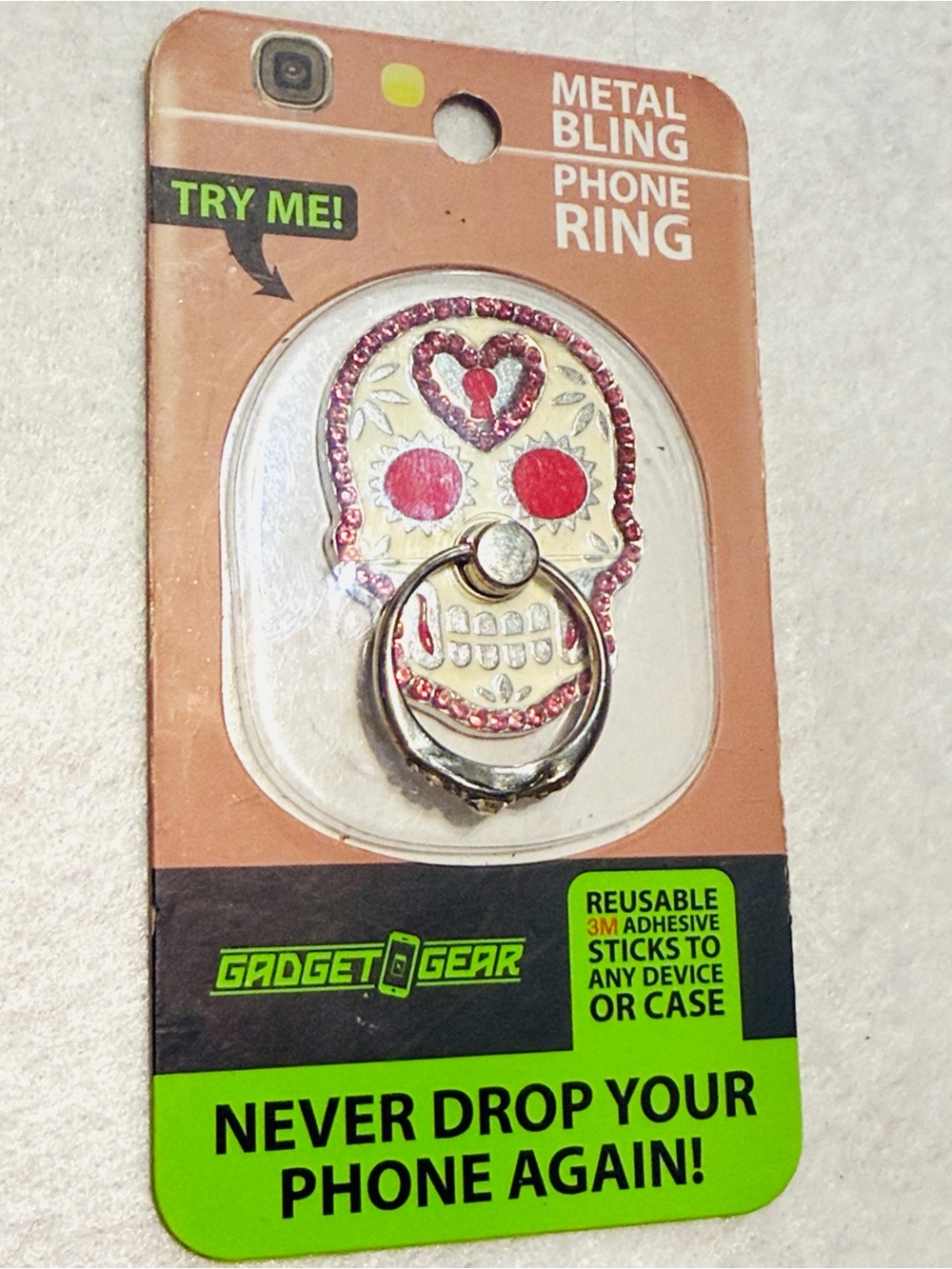 Gadget Gear Metal Bling Pink & White Skull Phone Ring